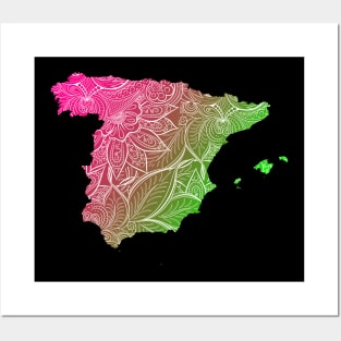 Colorful mandala art map of Spain with text in pink and green Posters and Art